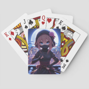Cute ninja warrior girl playing cards