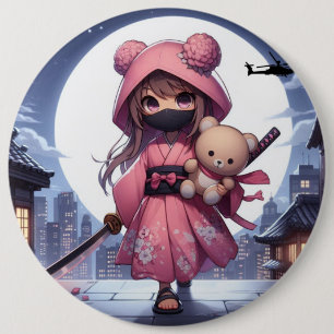 Cute ninja warrior girl & teddy 6 cm round badge