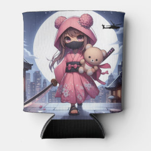 Cute ninja warrior girl & teddy can cooler