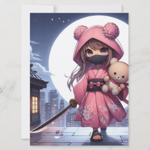 Cute ninja warrior girl & teddy holiday card