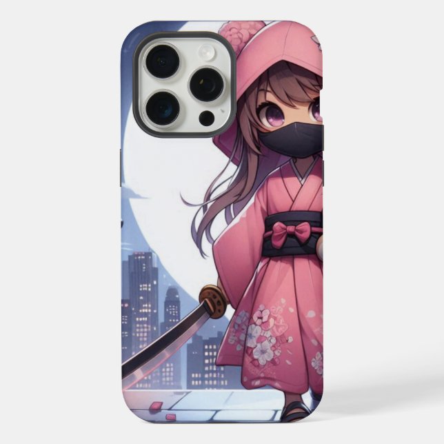 Cute ninja warrior girl & teddy iPhone case (Back)