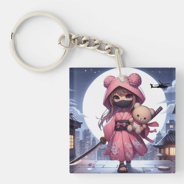 Cute ninja warrior girl & teddy key ring (Front)