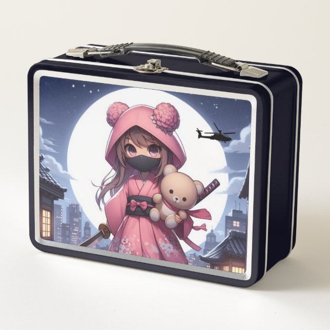 Cute ninja warrior girl & teddy metal lunch box (Front)