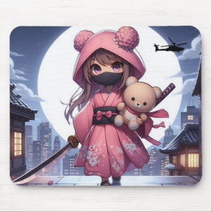 Cute ninja warrior girl & teddy mouse pad