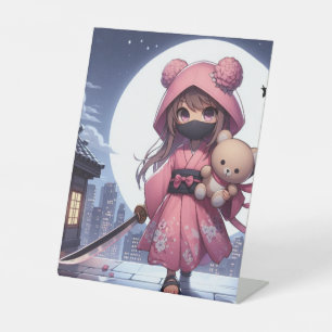 Cute ninja warrior girl & teddy pedestal sign