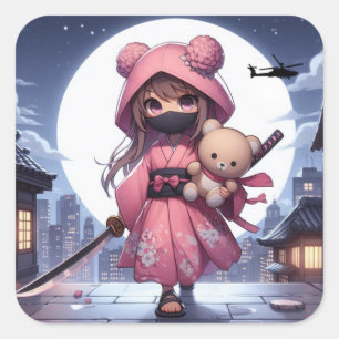 Cute ninja warrior girl & teddy square sticker