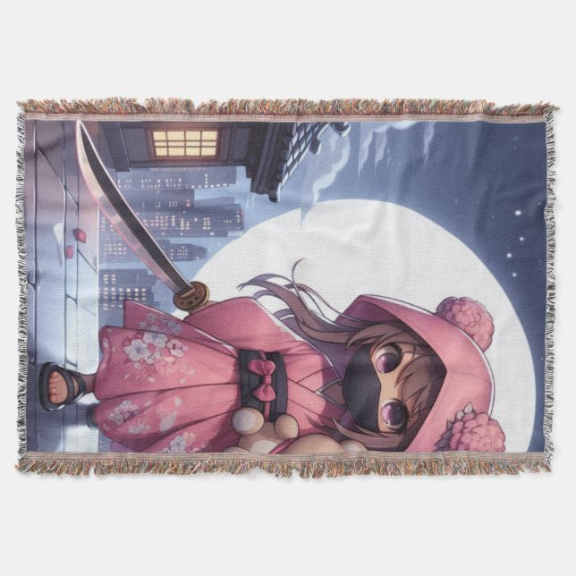 Cute ninja warrior girl & teddy throw blanket (Front)
