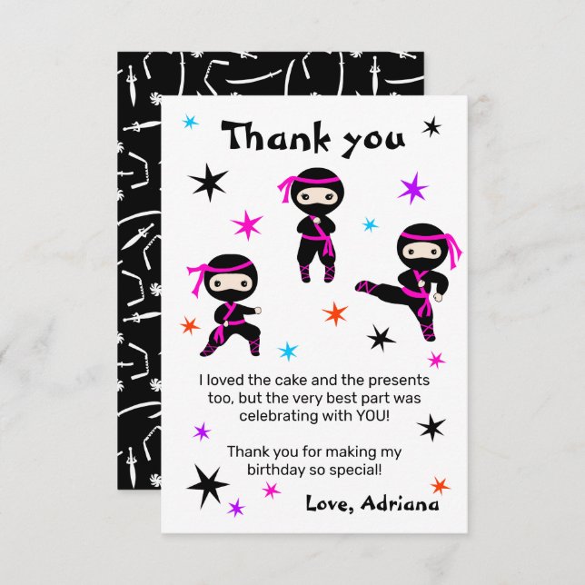 Cute Ninja Warrior Girls Pink Birthday Party  Thank You Card (Front/Back)