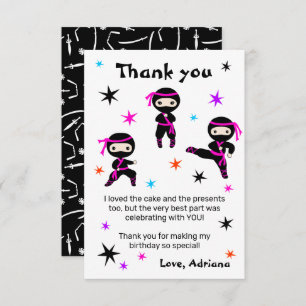 Cute Ninja Warrior Girls Pink Birthday Party Thank You Card