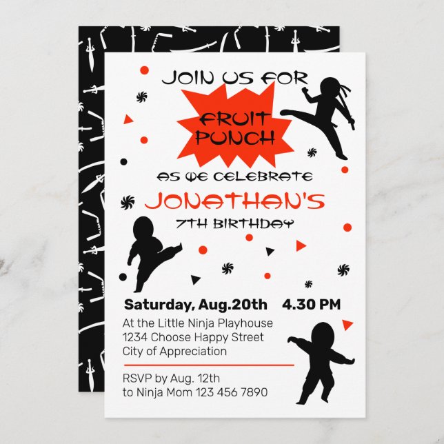 Cute Ninja Warrior Kids Birthday Party  Invitation (Front/Back)