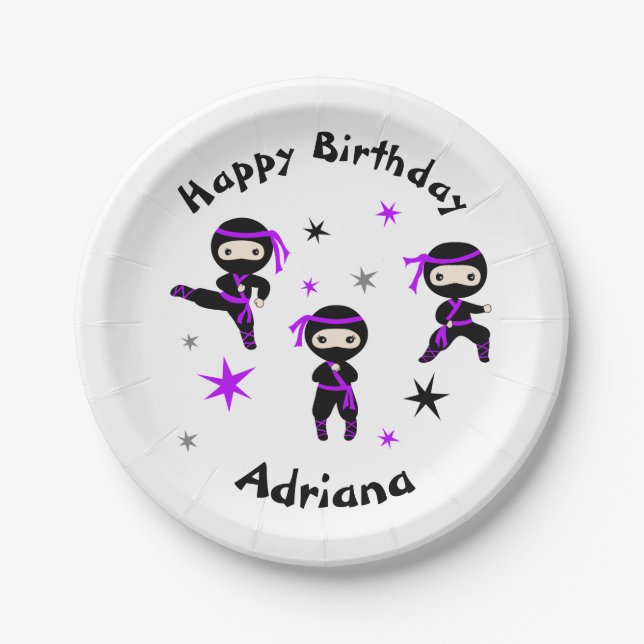 Cute Ninja Warrior Kids Birthday Party Purple  Paper Plate (Front)