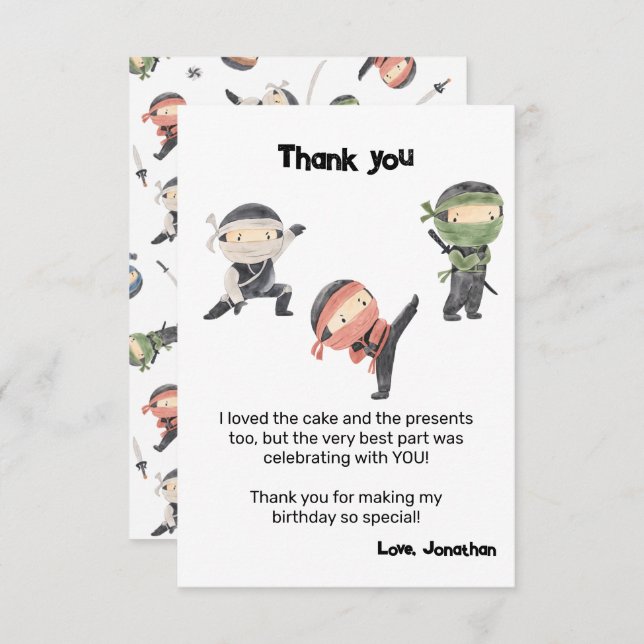 Cute Ninja Warrior Kids Birthday Party  Thank You Card (Front/Back)