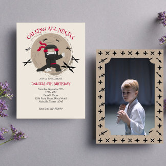 Cute Ninja Warrior Kids Birthday Photo Invitation