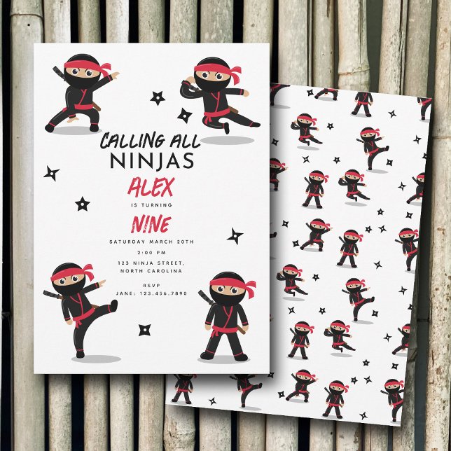 Cute Ninja Warrior Kids Black & Red Birthday Party Invitation (Cute Ninja Warrior Kids Black & Red Birthday Party Invitation)