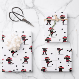 Cute Ninja Warrior Kids Black & Red Pattern Wrapping Paper Sheet