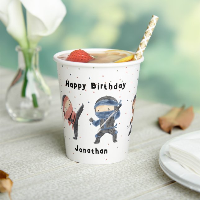 Cute Ninja Warrior Kids Custom Name Birthday Party Paper Cups (Insitu)