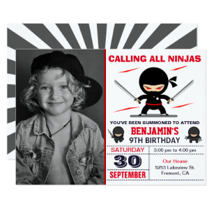 Cute Ninja Warrior Kids Photo Birthday Party Invitation