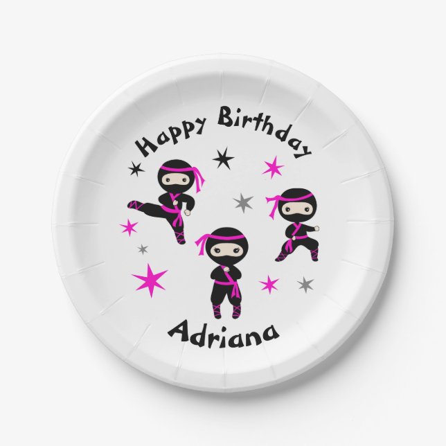 Cute Ninja Warrior Kids Pink Girls Bday Party  Paper Plate (Front)