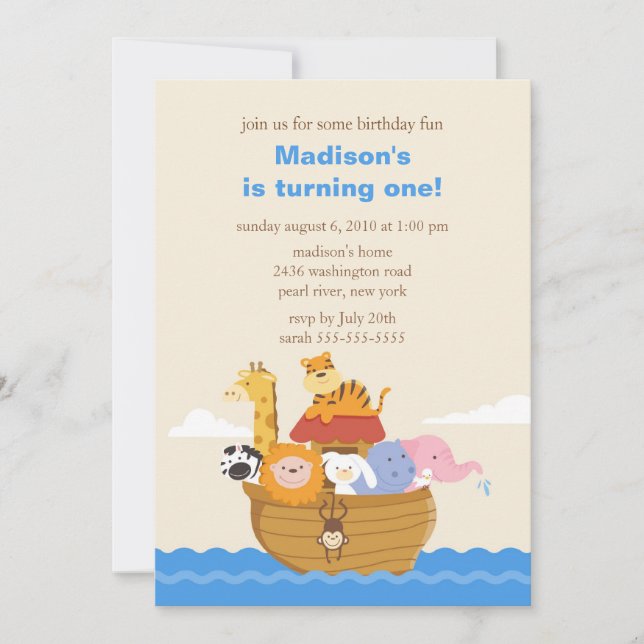 Cute Noah's Ark 1st Birthday Invitation (Front)