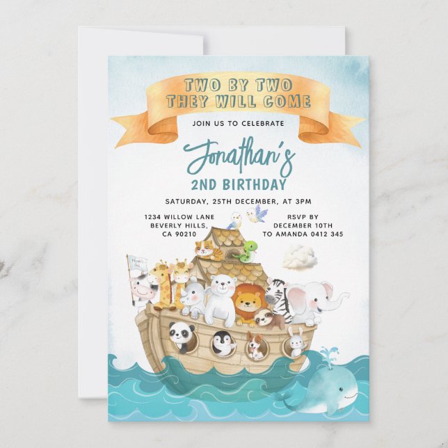 Cute Noah's Ark 2nd Birthday Two By Two Adventure Invitation (Front)