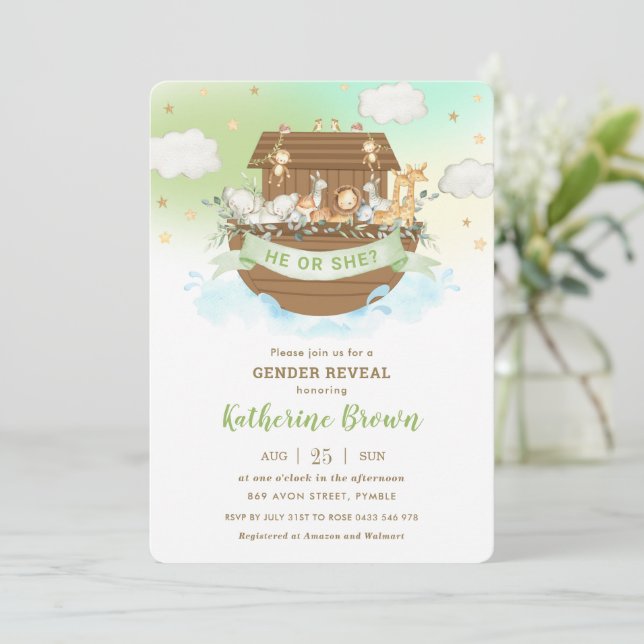 Cute Noah's Ark Animals Gender Reveal Baby Shower Invitation (Standing Front)