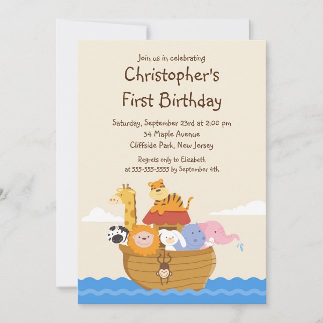 Cute Noah's Ark Baby Animals Birthday Party Invitation (Front)