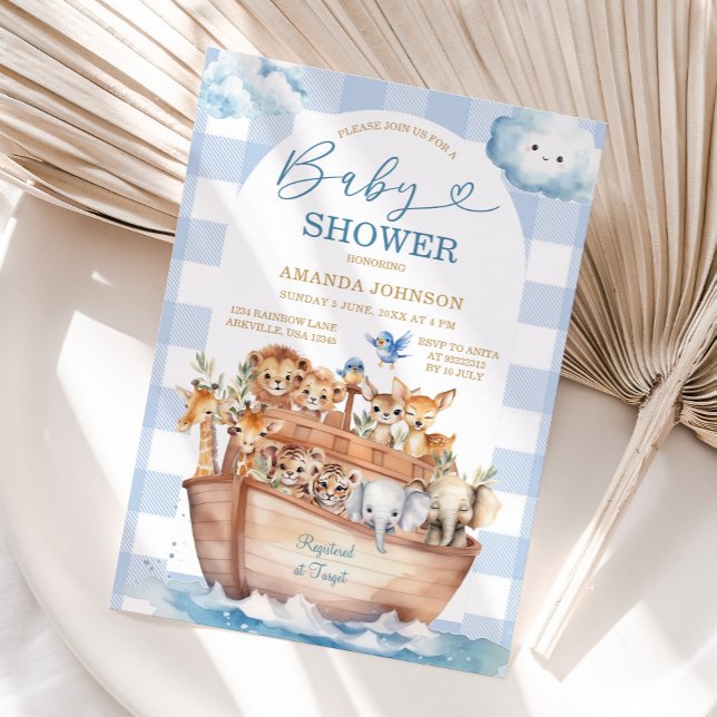 Cute Noah's Ark Blue Gingham Boho Baby Shower Invitation (Creator Uploaded)