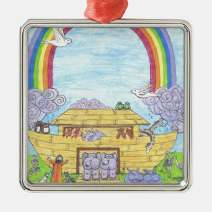 Cute Noah's Ark funny animals colourful rainbow Metal Ornament