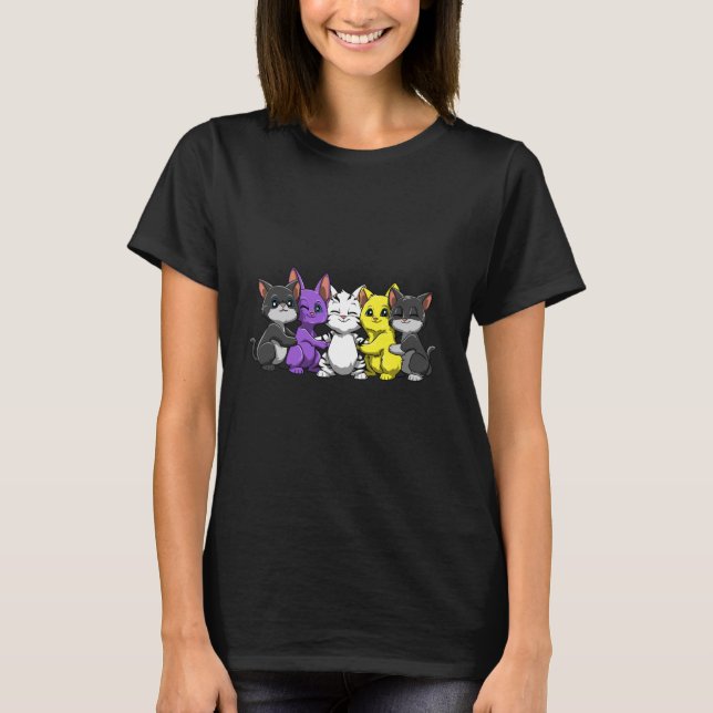 Cute Nonbinary LGBTQ Cats Rainbow Pride Hug Group  T-Shirt (Front)
