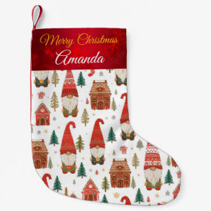 Cute Nordic Christmas Gnomes & Gingerbread Village Small Christmas Stocking