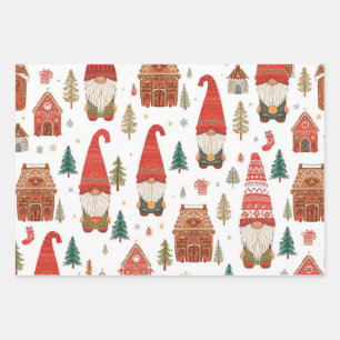 Cute Nordic Christmas Gnomes & Gingerbread Village Wrapping Paper Sheet
