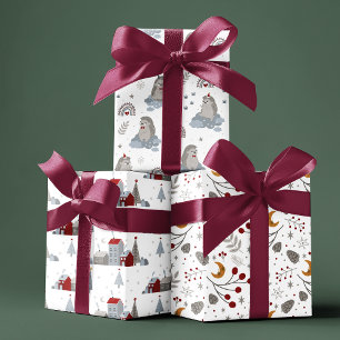 Cute Nordic Christmas Houses Hedgehog Floral Wrapping Paper Sheet
