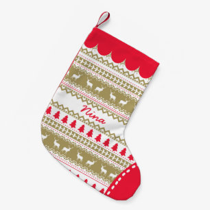 Cute Nordic Folk Holidays Gold Red Pattern Custom Small Christmas Stocking