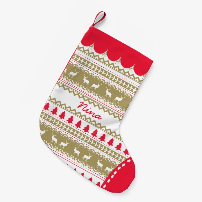 Cute Nordic Folk Holidays Gold Red Pattern Custom Small Christmas Stocking (Front (Hanging))