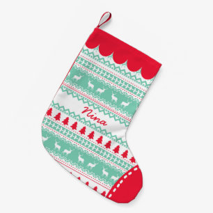 Cute Nordic Folk Holidays Mint Red Pattern Custom Small Christmas Stocking