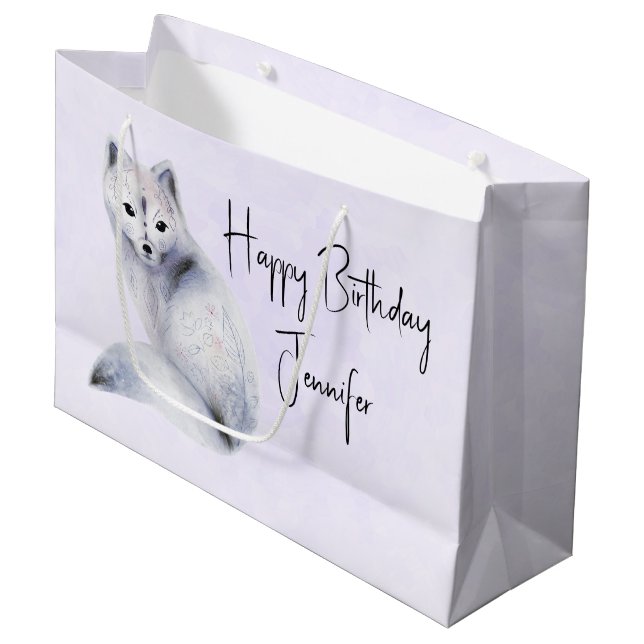 Cute Nordic Fox with Floral Markings Birthday Large Gift Bag (Front Angled)