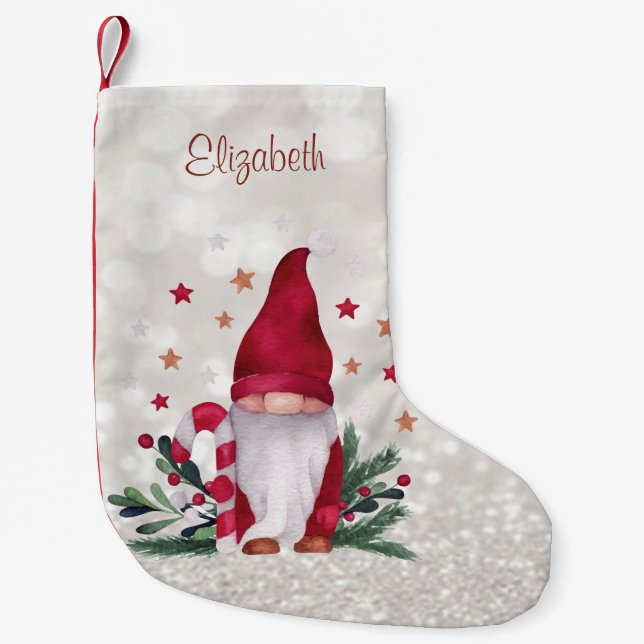 Cute Nordic Gnome Glittery Bokeh Small Christmas Stocking (Front)