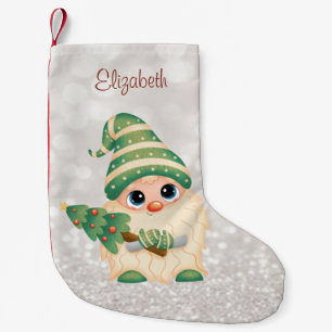 Cute Nordic Gnome,Pine Tree Glittery Bokeh Small Christmas Stocking