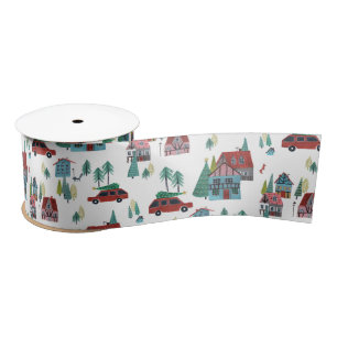 Cute Nordic skating Village Christmas Pattern Satin Ribbon