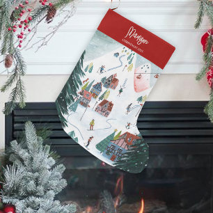 Cute Nordic skating Village Large Christmas Stocking