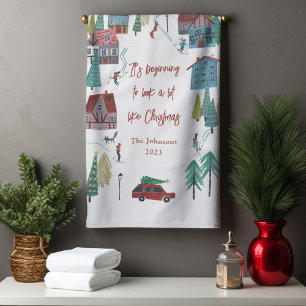 Cute Nordic skating Village Tea Towel