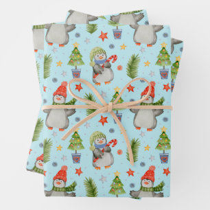 Cute North Pole Christmas Penguins Wrapping Paper Sheet