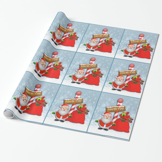 Cute North Pole Santa Wrapping Paper (Unrolled)