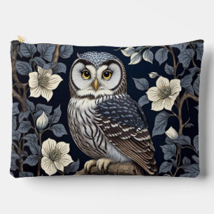 Cute Northern Saw-Whet Owl And Moonflowers On Navy Accessory Pouch
