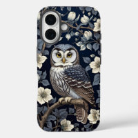 Cute Northern Saw-Whet Owl And Moonflowers On Navy