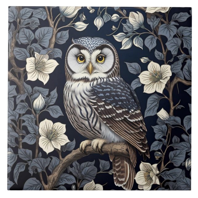 Cute Northern Saw-Whet Owl And Moonflowers On Navy Ceramic Tile (Front)