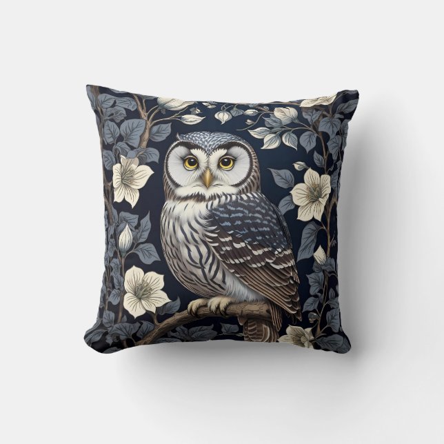 Cute Northern Saw-Whet Owl And Moonflowers On Navy Cushion (Front)