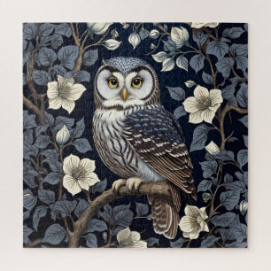 Cute Northern Saw-Whet Owl And Moonflowers On Navy Jigsaw Puzzle