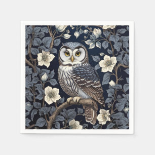 Cute Northern Saw-Whet Owl And Moonflowers On Navy Napkin
