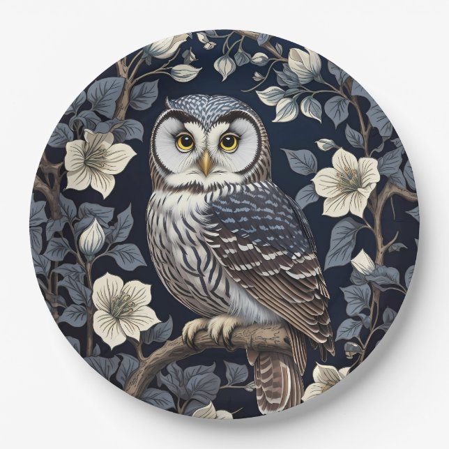 Cute Northern Saw-Whet Owl And Moonflowers On Navy Paper Plate (Front)